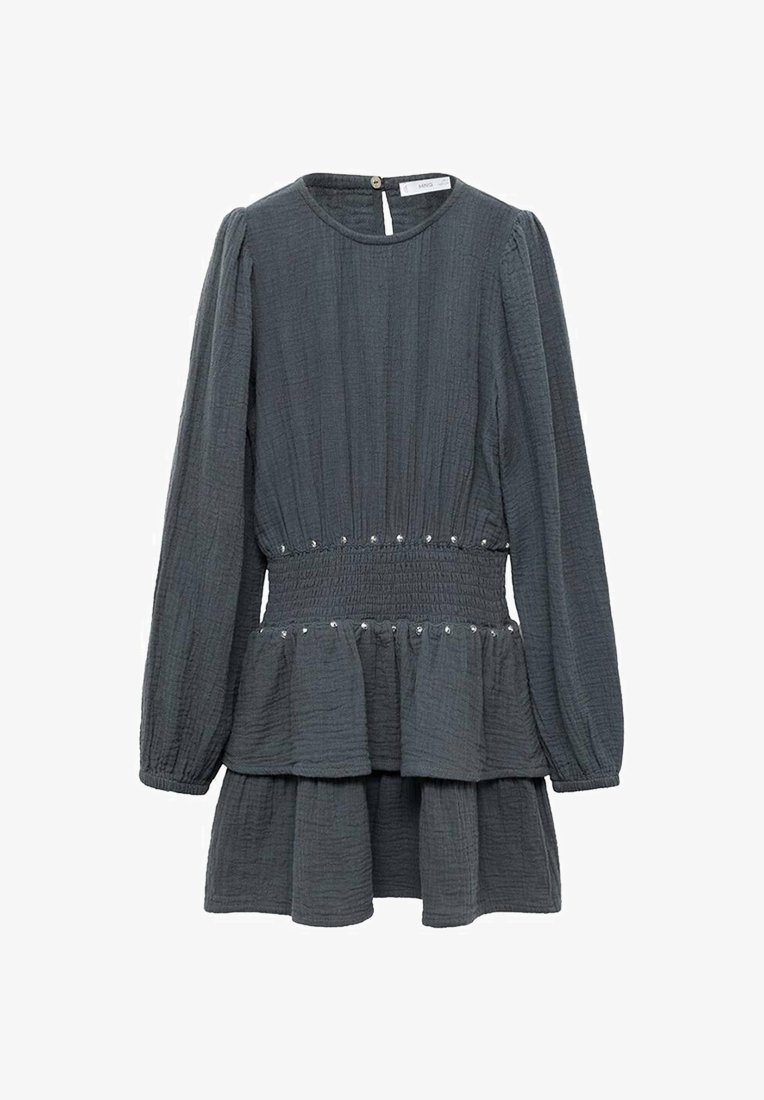 Dunkelgraues Kleid aus strukturiertem Stoff, mit langen Ärmeln, Rundhalsausschnitt, gerafftem Taillenbereich und einem gestuften Peplum-Rock. Mit dekorativen Perlen.