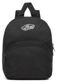 Černý batoh Vans s přední kapsou na zip a nášivkou "Off The Wall" na texturovaném materiálu.