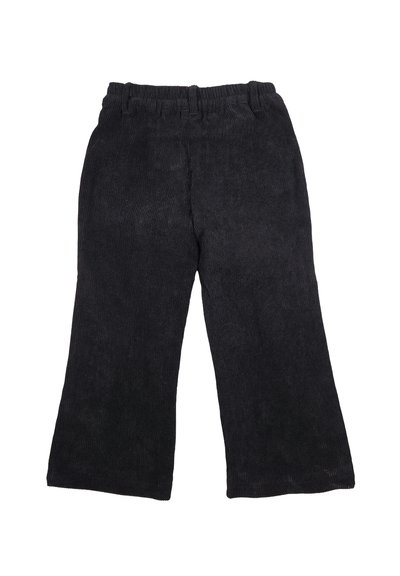 Pantaloni in corduroy neri con un design a gamba larga, caratterizzati da un tessuto testurizzato, una vita elasticizzata e senza tasche visibili o decorazioni.