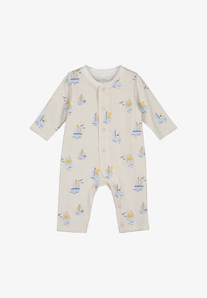 Gestreifter beige Baby-Overall mit langen Ärmeln, versehen mit einem Segelboot-Muster in Blau und Gelb; Front-Drückverschlüsse für einfaches An- und Ausziehen.