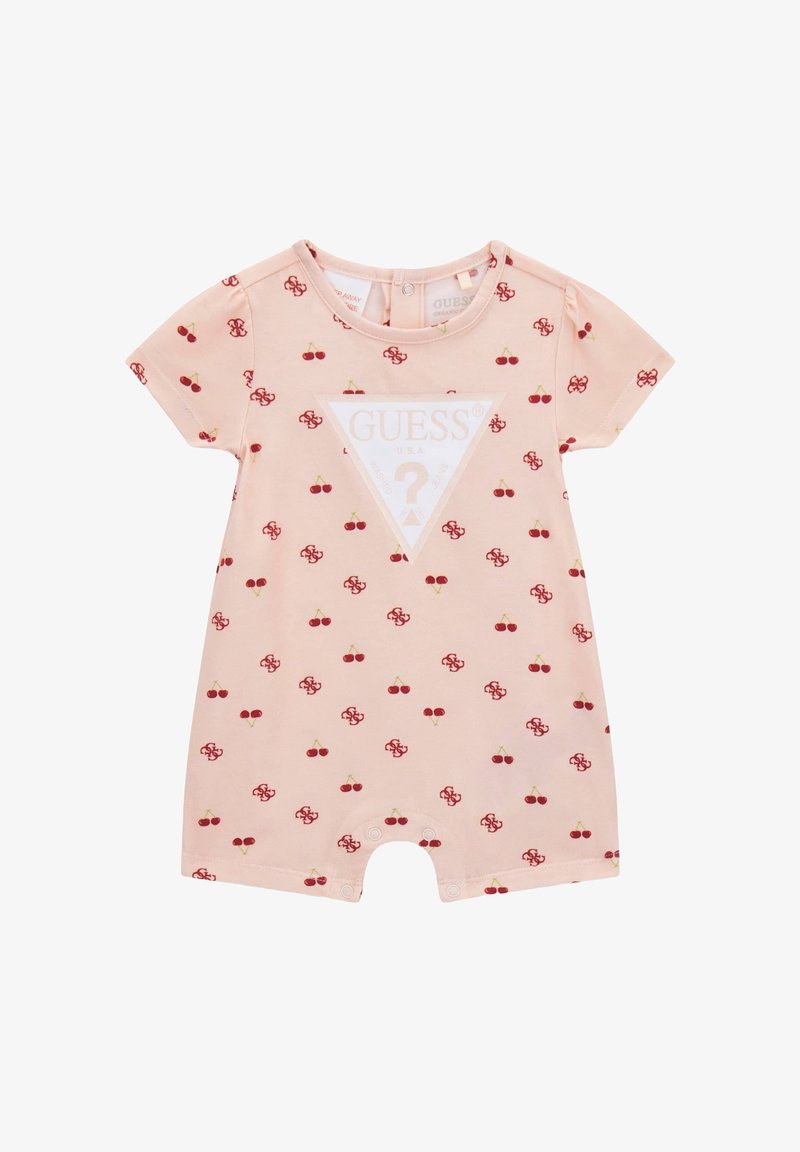 Rompers rosa a maniche corte con motivo di ciliegie e dettaglio del logo triangolare bianco. Realizzato in morbido cotone con chiusure a pressione sul fondo.