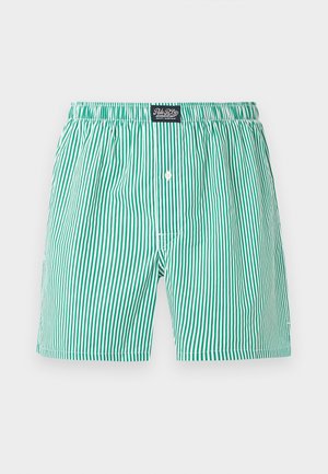 Meeste bokserid, millel on rohelised ja valged vertikaalsed triibud, elastne vöökoht ning eesmine nööpidega kinnis.