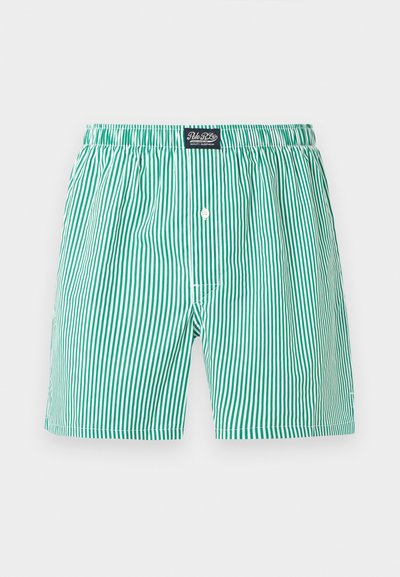 Ανδρικά μποξεράκια με κατακόρυφες πράσινες και λευκές ρίγες, με ελαστική ζώνη μέσης και εμπρόσθιο κούμπωμα με κουμπιά.