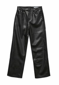 Pantaloni neri in ecopelle a gamba larga con una trama liscia, cinque tasche, passanti per cintura e un design a taglio dritto. Adatti per un abbigliamento informale.