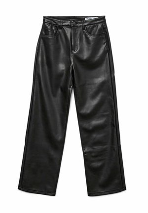 Pantalons larges en cuir noir avec une texture lisse, cinq poches, passants de ceinture et une coupe droite. Convient pour une tenue décontractée.