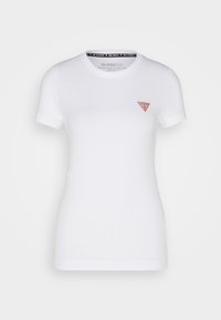 T-shirt bianca a maniche corte realizzata in cotone biologico, con un piccolo logo triangolare rosso sul lato sinistro del petto. Texture morbida, design a girocollo.