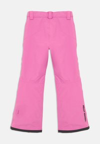 Roze skijaške hlače širokog kroja, s podesivim pojasom i crnim detaljima na rubu, sa "HELLE HANSEN" logom sa strane.
