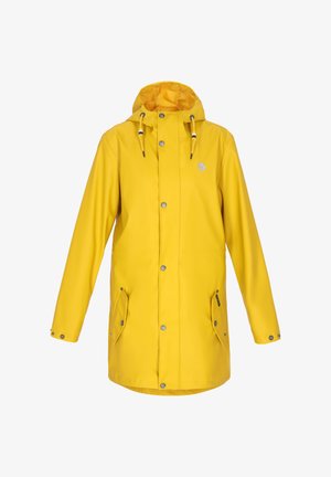 Keltainen vedenpitävä hupullinen sadetakki, jossa on edessä painonapit, säädettävät huppunarut ja kaksi edessä olevaa läppätaskua, joissa on painonapit kiinnitystä varten.