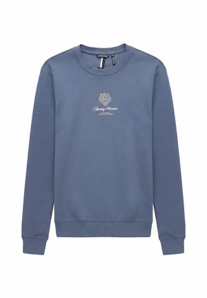 Sudadera azul de manga larga con cuello redondo, con una pequeña cabeza de tigre bordada y el texto "Antony Morato" centrado en el pecho.