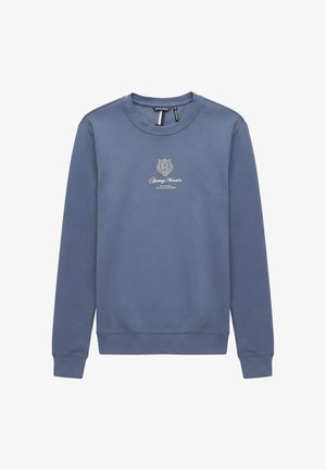Blauw sweatshirt met lange mouwen en ronde hals, met een kleine geborduurde tijgerkop en de tekst "Antony Morato" gecentreerd op de borst.