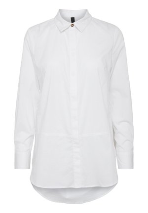 Bijela košulja dugih rukava s gumbastim ovratnikom, ravnog kroja, blago zakrivljenim rubom i glatkom pamučnom teksturom.
