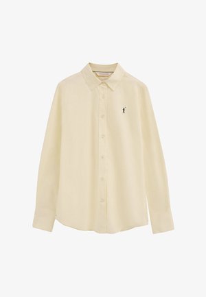 Beige langærmet skjorte med knapper og en lille sort polo-spillerlogo på venstre bryst, smal pasform med klassisk krave.