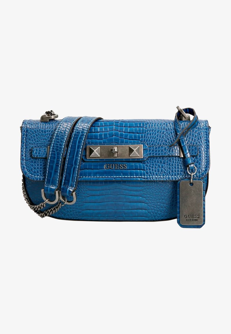 Blauwe croco-embossed handtas met zilverkleurige hardware, dubbele hengsels en een label. Heeft een klep sluiting en een textuurafwerking.