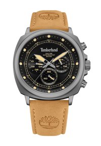 Orologio al quarzo con quadrante nero, cassa in tonalità argento e cinturino in pelle marrone. Presenta due fusi orari, funzioni cronografiche e logo Timberland.