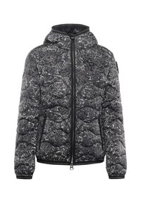 Gewatteerd zwart-wit jack met een bloemenpatroon, voorzien van een ritssluiting aan de voorkant, een capuchon en twee zijzakken. Gladde, lichte stoftextuur.