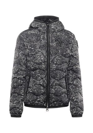 Gewatteerd zwart-wit jack met een bloemenpatroon, voorzien van een ritssluiting aan de voorkant, een capuchon en twee zijzakken. Gladde, lichte stoftextuur.