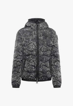 Pikowana czarno-biała kurtka w kwiatowy wzór, z zapięciem na suwak z przodu, kapturem i dwoma kieszeniami po bokach. Gładka, lekka tkanina.