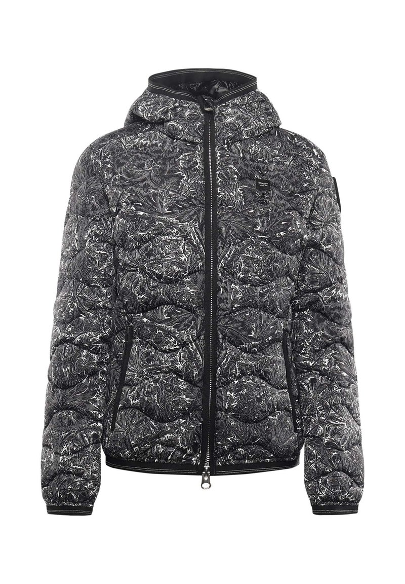 Gewatteerd zwart-wit jack met een bloemenpatroon, voorzien van een ritssluiting aan de voorkant, een capuchon en twee zijzakken. Gladde, lichte stoftextuur.