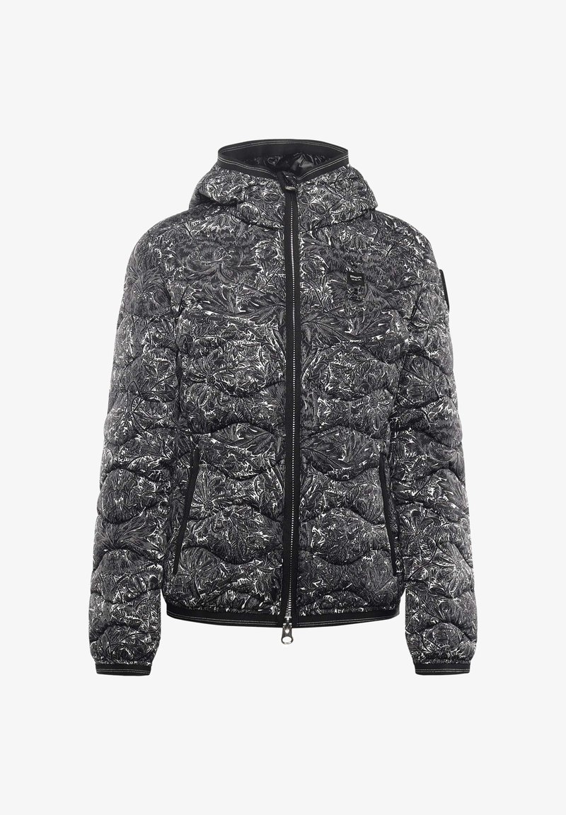 Gewatteerd zwart-wit jack met een bloemenpatroon, voorzien van een ritssluiting aan de voorkant, een capuchon en twee zijzakken. Gladde, lichte stoftextuur.