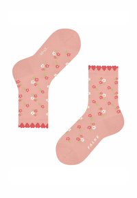 Rosa Knöchelsocken mit floralem Muster, das weiße und rote Blumen zeigt. Weicher Stoff und dekorativer gewellter Saum. Marke: FALKE.