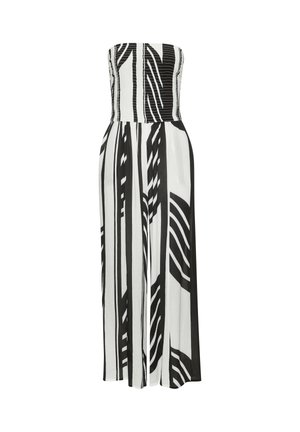Schulterloser schwarz-weißer Overall mit weitem Bein und abstraktem vertikal gestreiftem Muster.