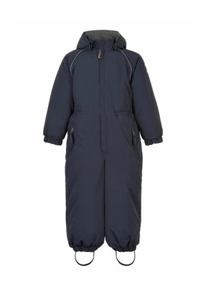 Combinaison de neige isolée une pièce à capuche bleu foncé avec fermeture éclair frontale, poignets élastiques, poches latérales zippées et sangles réglables aux pieds.