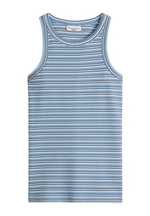 Ärmelloses, geripptes Tanktop mit horizontalen Streifen in Hellblau, Weiß und Braun, mit rundem Ausschnitt und einem "Marc O'Polo Denim"-Label.