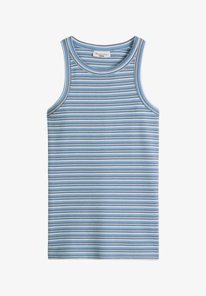 Bezrękawnik prążkowany z poziomymi paskami w jasnoniebieskim, białym i brązowym kolorze, z okrągłym dekoltem i metką "Marc O'Polo Denim".