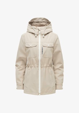 Beige hupparitakki, jossa edessä vetoketju, kaksi rintataskua läpän ja nappien kera, säädettävä vyötärön kiristysnauha ja sivutaskut.