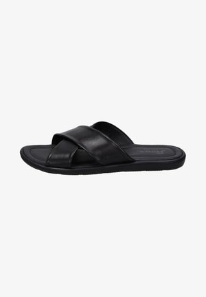 Zwarte slide sandalen met kruislings leren banden en een gestructureerde rubberen zool. Eenvoudig ontwerp zonder extra accenten of hardware.