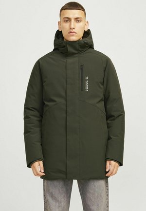 Dark green insulated parka with a fitted hood, zippered chest pocket, and contrasting seam details. Constructed from smooth, water-resistant material.