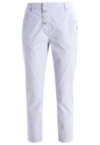 Ljusblå, slim-fit byxor med hög midja och femknapplåsning, sidofickor och skräddarsydda fållar.