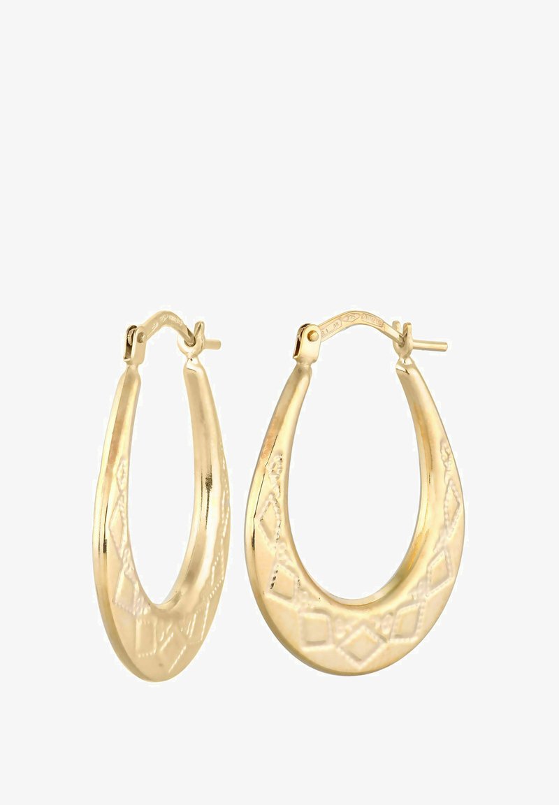 Zlaté kruhové náušnice s textúrovaným povrchom, so vyrezávanými diamantovými vzormi a uzáverom na zapínanie. Okrúhly tvar s lesklým povrchom.