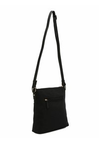Borsa a tracolla nera realizzata in tessuto morbido con una texture liscia. Presenta una tasca frontale con zip e una tracolla regolabile.