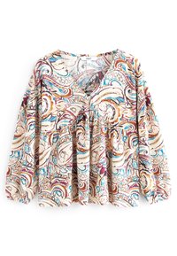 Langærmet bluse i lys beige med et klart paisley-mønster, der har svunget i maroon, blå og guld. V-udskæring med samlinger.