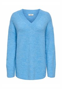Jasnoniebieski sweter w serek wykonany z miękkiej przędzy, z ribbrowanym dołem i szerokimi rękawami, charakteryzujący się luźnym krojem i minimalistycznym designem.