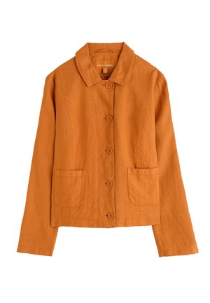 Orange linen jacket with a collar, front buttons, and two patch pockets. Soft texture and lightweight design suitable for layering.