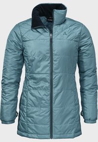 Türkis gesteppte Jacke mit frontseitigem Reißverschluss, hohem Kragen und passendem Innenfutter. Ausgestattet mit elastischen Bündchen und einem dezenten Logo auf der Brust.