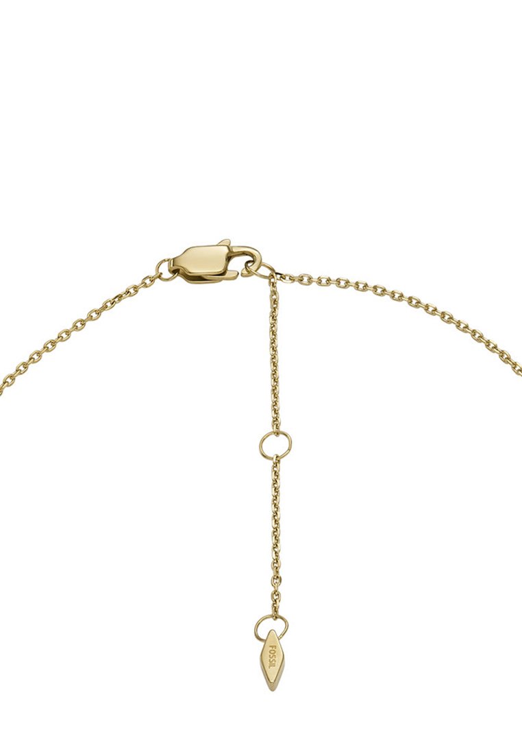 Złoty łańcuszek naszyjnik z zapięciem i regulowanym łańcuszkiem przedłużającym oraz małym zawieszką z logo Fossil na końcu.