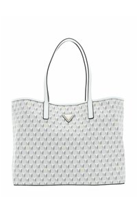 Borsa tote bianca con un design a motivo geometrico, caratterizzata da accenti neri, due manici robusti e un logo triangolare argentato sulla parte frontale.