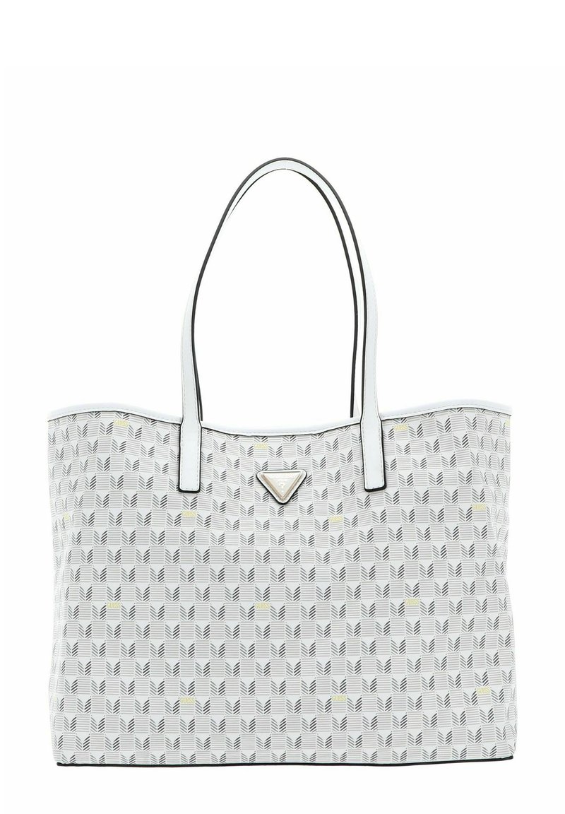 Borsa tote bianca con un design a motivo geometrico, caratterizzata da accenti neri, due manici robusti e un logo triangolare argentato sulla parte frontale.