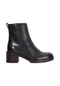 Black leather ankle boot with a rounded toe, side seam detailing, and a block heel. Smooth texture and minimalistic design.