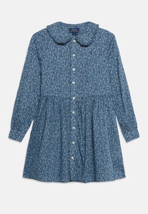 Plava haljina dugih rukava s bijelim cvjetnim uzorkom, okruglim peter pan ovratnikom i kopčanjem na prednjoj strani, oznaka Polo Ralph Lauren.