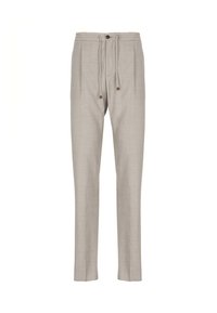 Pantaloni di lino color beige chiaro con chiusura a bottone e cordoncino, gamba dritta e vestibilità rilassata.