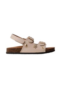 Sandale beige à bout ouvert avec semelle en liège, boucles réglables et clous décoratifs dorés incluant une forme de fleur sur le côté.