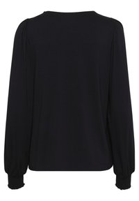 Black long-sleeve top with a round neckline, gathered detailing at shoulders, and elasticized cuffs. Smooth, lightweight fabric.