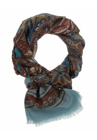 Sciarpa multicolore con complessi motivi floreali e geometrici in marrone, blu e oro, caratterizzata da un bordo leggero con frange.
