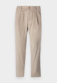 Beige kordfluweelbyxor med en avslappnad passform, som har ett elastiskt midjeband, framfickor, en knappstängning och raka ben.