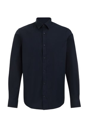 Camisa de manga larga azul marino, hecha de tejido suave, con cuello clásico, cierre frontal de botones y puños con un solo botón.