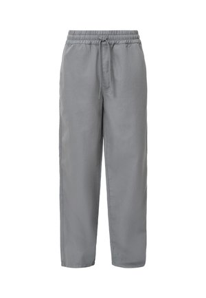 Grey elastic waistband pants with a drawstring, featuring a loose fit and smooth fabric texture. Subtle side seam detailing without pockets.